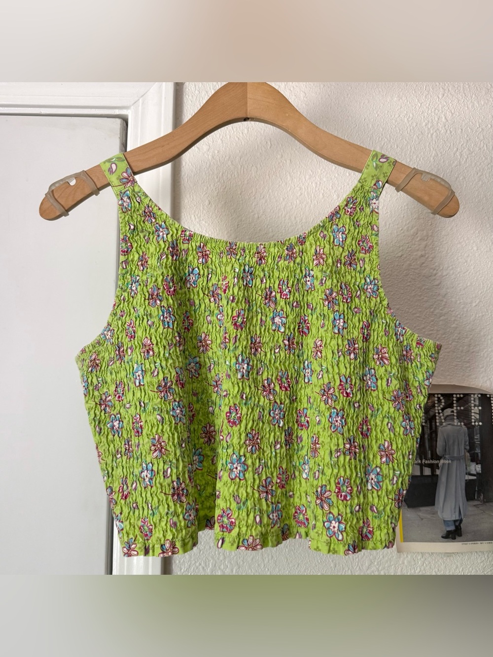 AT LAST & CO. green floral cotton smocked high‎ crew neck cropped tank top
